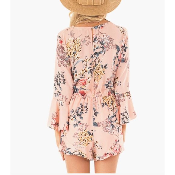 Pink Floral Rose Printed Chiffon Belted Ruffle Long Sleeve Romper Short Dress - Picture 5 of 6